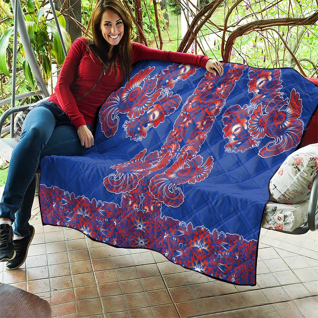 Blue Russian National Costume Quilt Rooster Motifs Traditional Folk Pattern - Wonder Print Shop