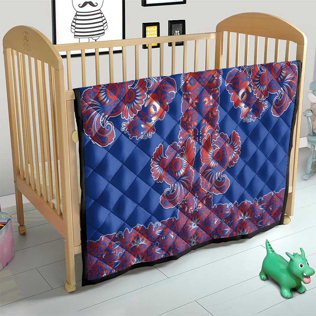 Blue Russian National Costume Quilt Rooster Motifs Traditional Folk Pattern - Wonder Print Shop