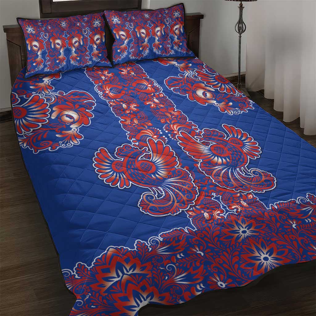 Blue Russian National Costume Quilt Bed Set Rooster Motifs Traditional Folk Pattern - Wonder Print Shop
