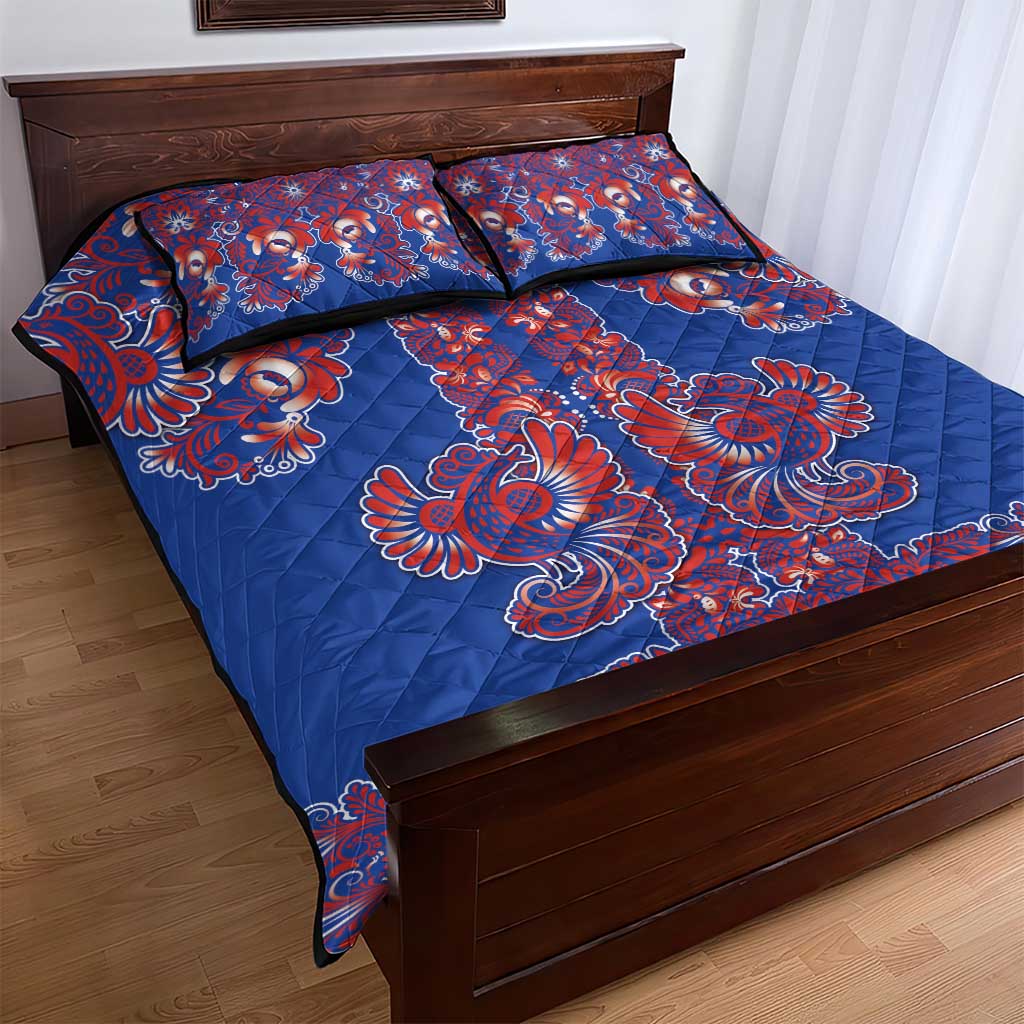Blue Russian National Costume Quilt Bed Set Rooster Motifs Traditional Folk Pattern - Wonder Print Shop