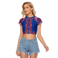 Blue Russian National Costume Raglan Cropped T Shirt Rooster Motifs Traditional Folk Pattern - Wonder Print Shop