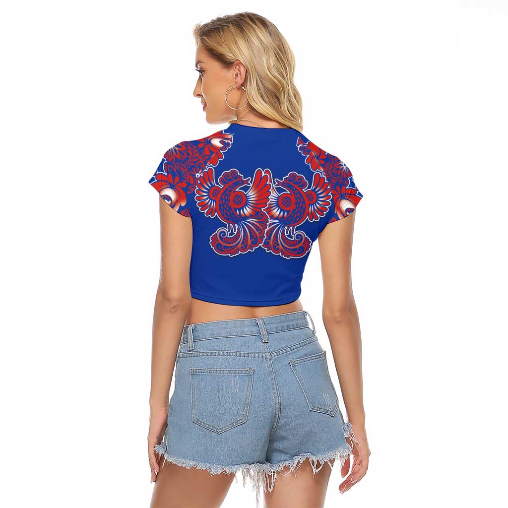 Blue Russian National Costume Raglan Cropped T Shirt Rooster Motifs Traditional Folk Pattern - Wonder Print Shop