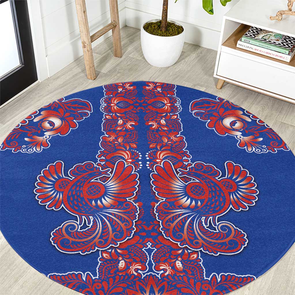 Blue Russian National Costume Round Carpet Rooster Motifs Traditional Folk Pattern - Wonder Print Shop