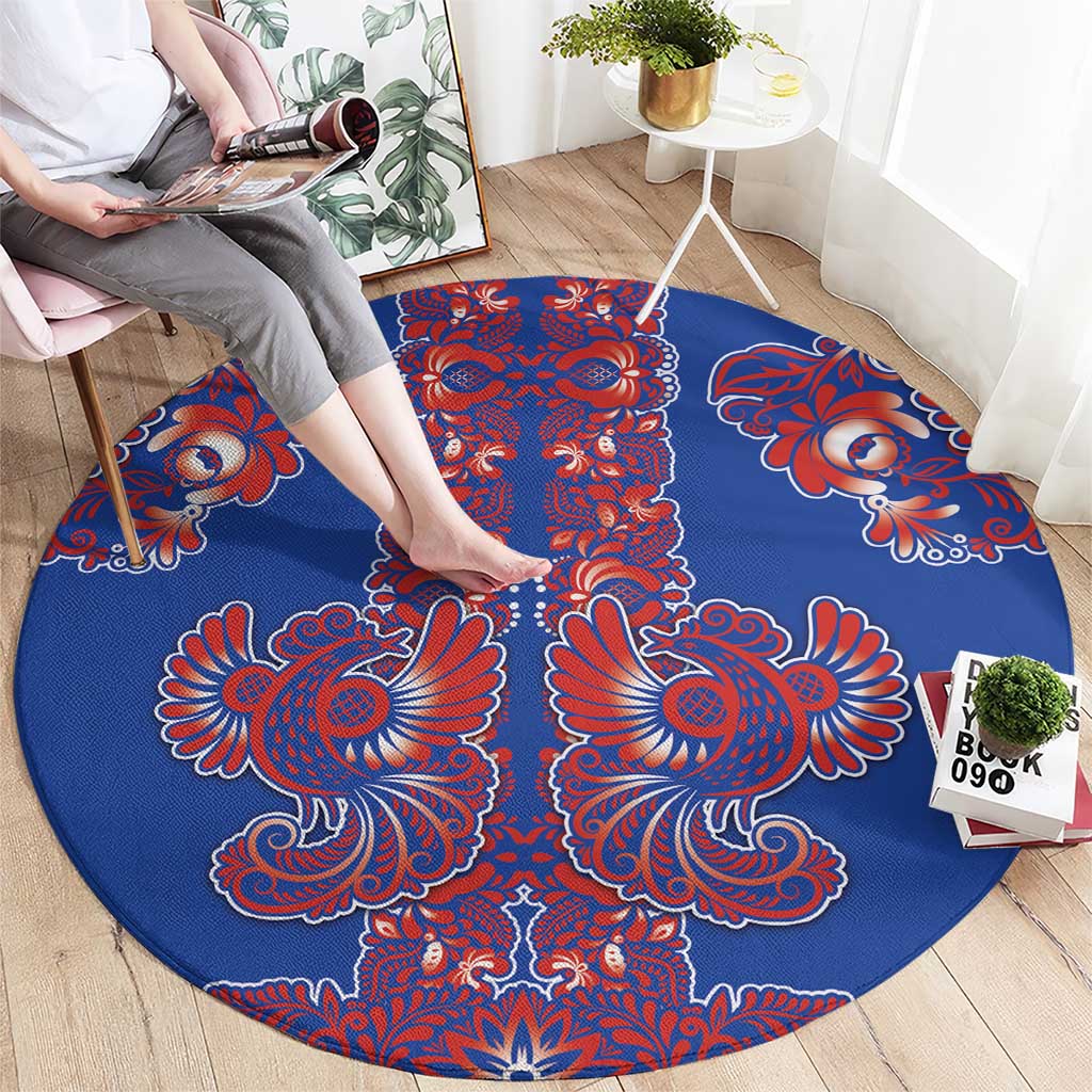 Blue Russian National Costume Round Carpet Rooster Motifs Traditional Folk Pattern - Wonder Print Shop