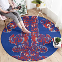 Blue Russian National Costume Round Carpet Rooster Motifs Traditional Folk Pattern - Wonder Print Shop