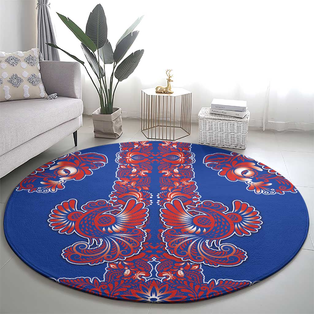 Blue Russian National Costume Round Carpet Rooster Motifs Traditional Folk Pattern - Wonder Print Shop