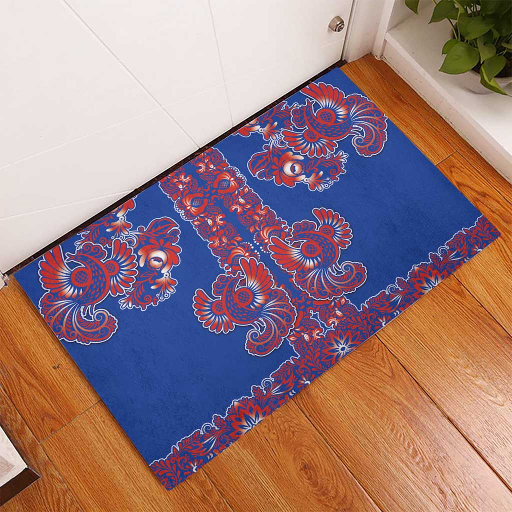 Blue Russian National Costume Rubber Doormat Rooster Motifs Traditional Folk Pattern - Wonder Print Shop