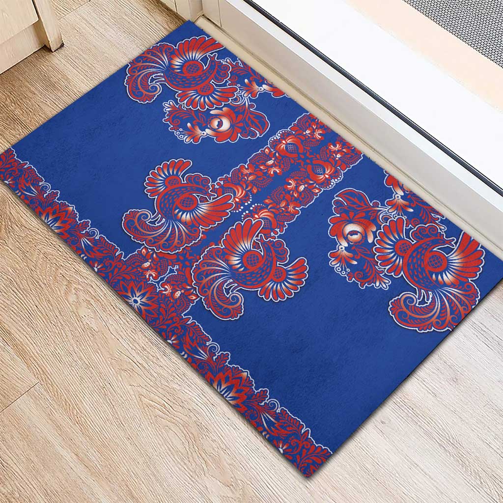 Blue Russian National Costume Rubber Doormat Rooster Motifs Traditional Folk Pattern - Wonder Print Shop