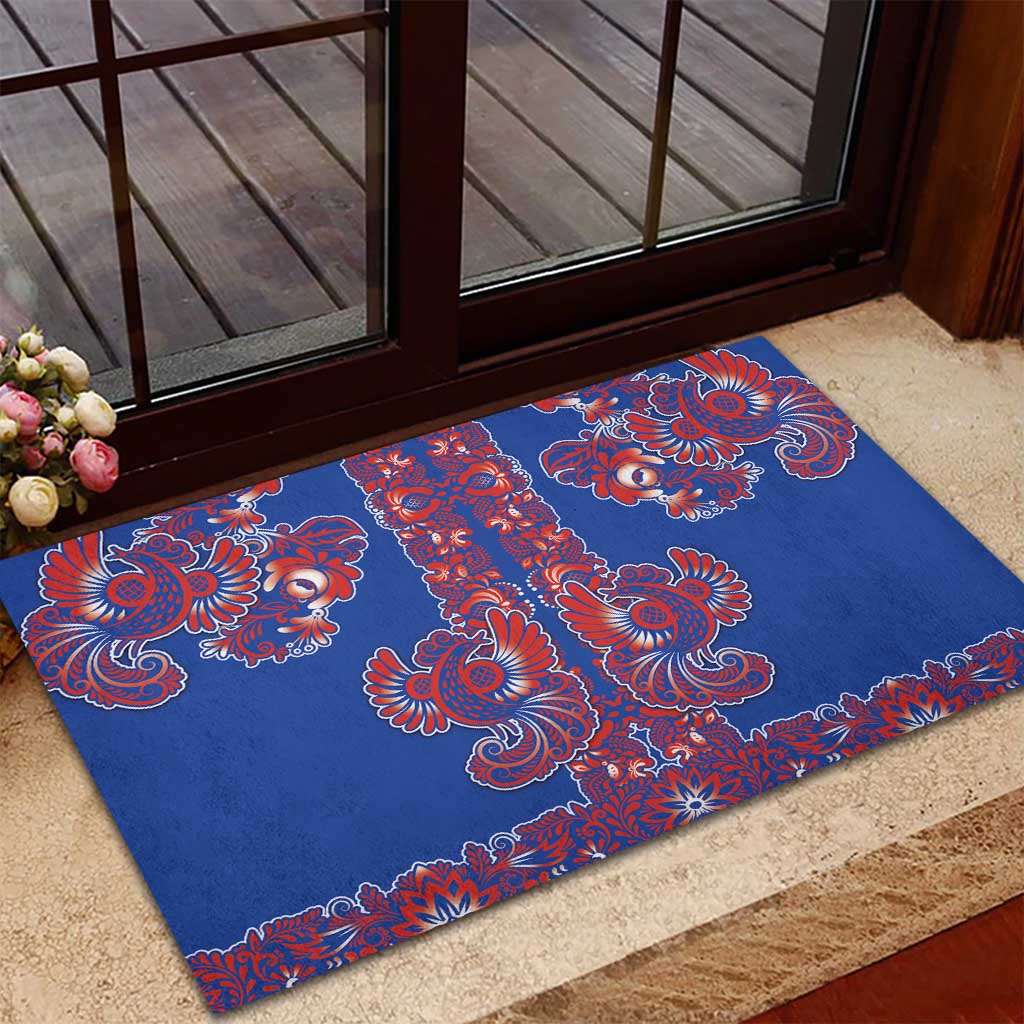 Blue Russian National Costume Rubber Doormat Rooster Motifs Traditional Folk Pattern - Wonder Print Shop