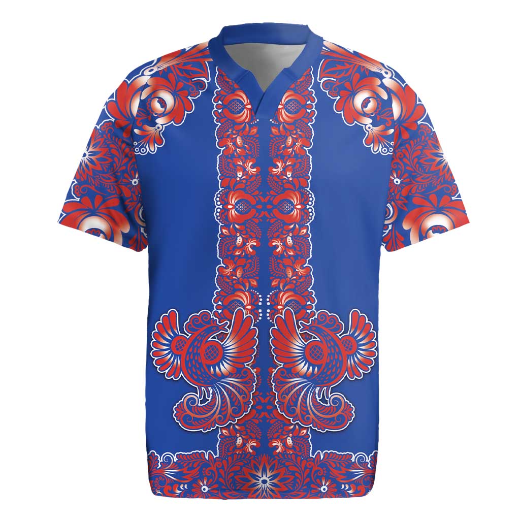 Blue Russian National Costume Rugby Jersey Rooster Motifs Traditional Folk Pattern - Wonder Print Shop