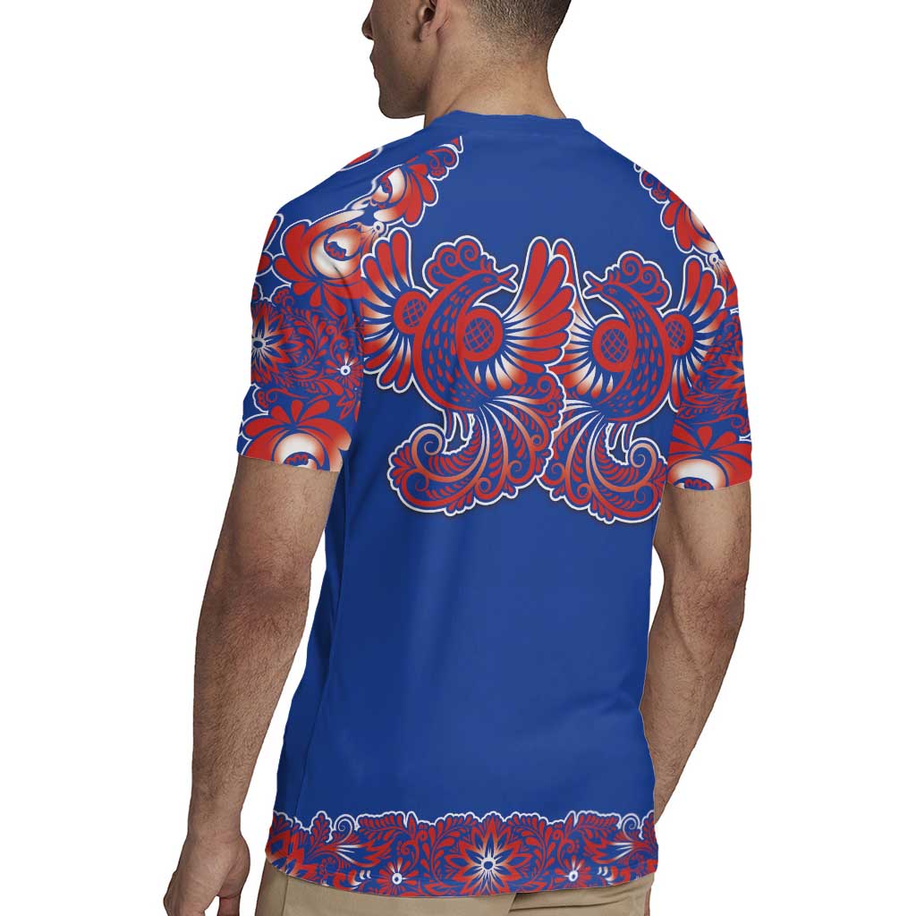 Blue Russian National Costume Rugby Jersey Rooster Motifs Traditional Folk Pattern - Wonder Print Shop