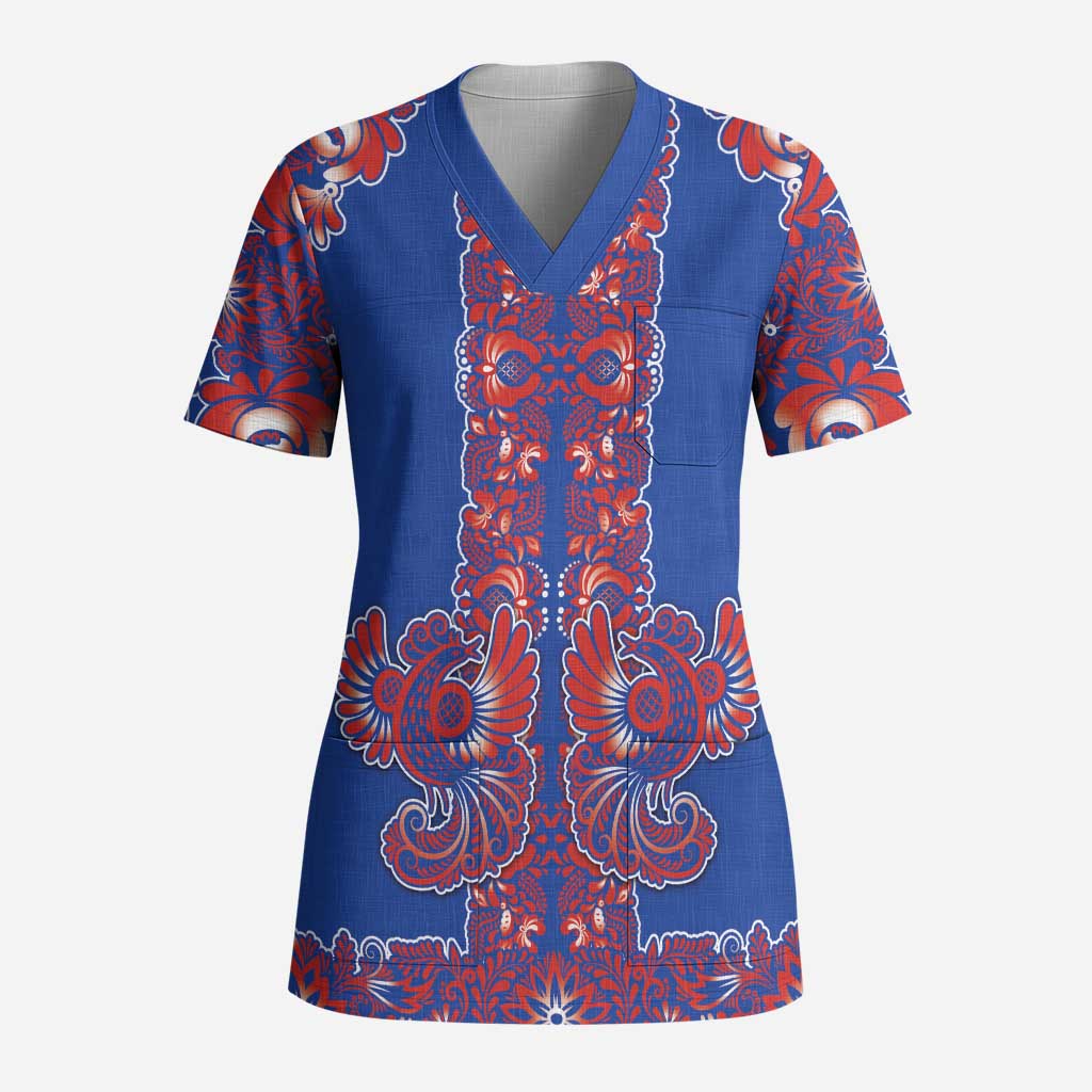 Blue Russian National Costume Scrub Top Rooster Motifs Traditional Folk Pattern - Wonder Print Shop