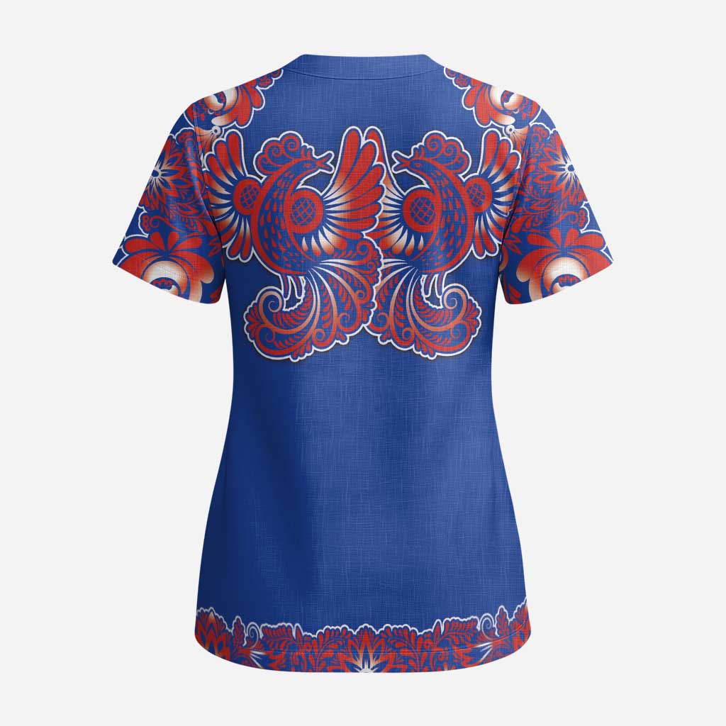 Blue Russian National Costume Scrub Top Rooster Motifs Traditional Folk Pattern - Wonder Print Shop