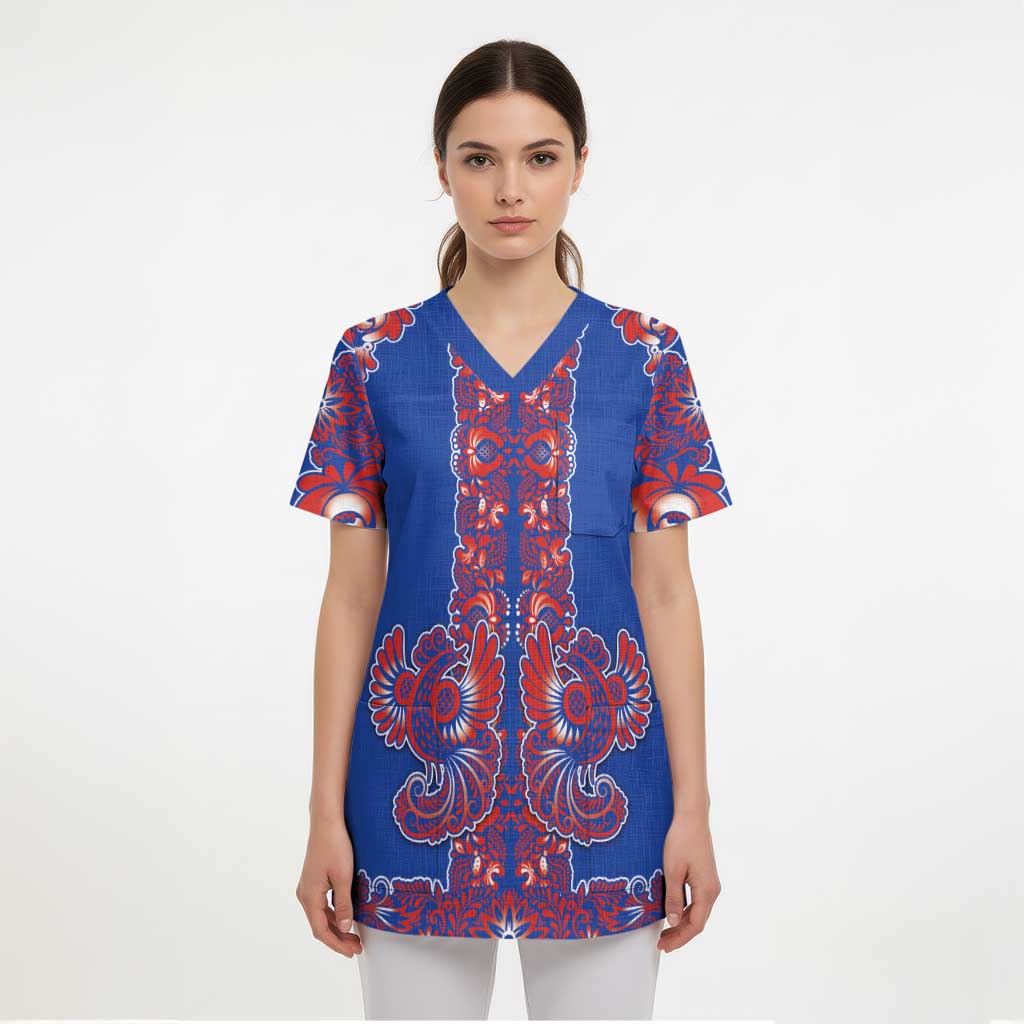 Blue Russian National Costume Scrub Top Rooster Motifs Traditional Folk Pattern - Wonder Print Shop