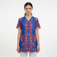 Blue Russian National Costume Scrub Top Rooster Motifs Traditional Folk Pattern - Wonder Print Shop