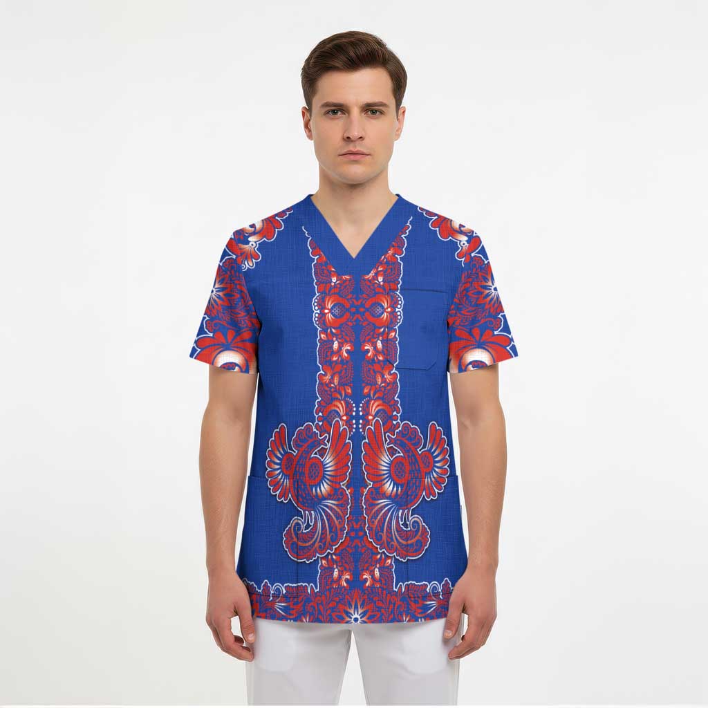 Blue Russian National Costume Scrub Top Rooster Motifs Traditional Folk Pattern - Wonder Print Shop