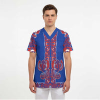 Blue Russian National Costume Scrub Top Rooster Motifs Traditional Folk Pattern - Wonder Print Shop