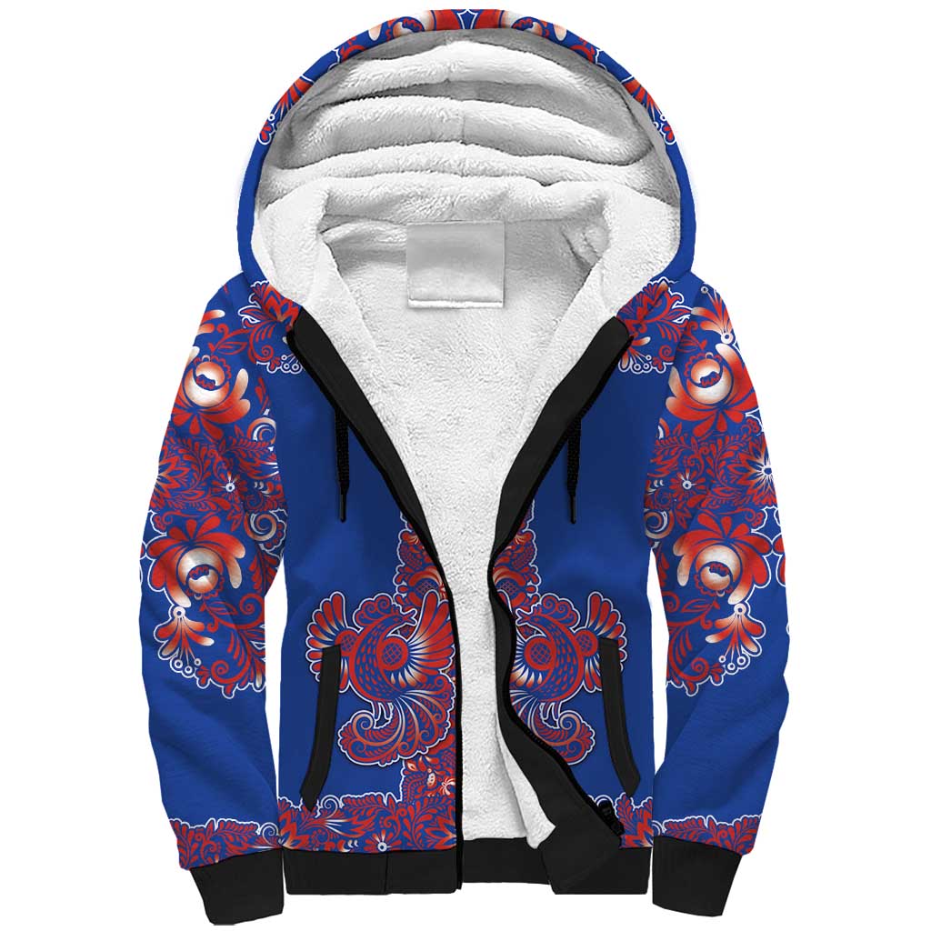 Blue Russian National Costume Sherpa Hoodie Rooster Motifs Traditional Folk Pattern - Wonder Print Shop