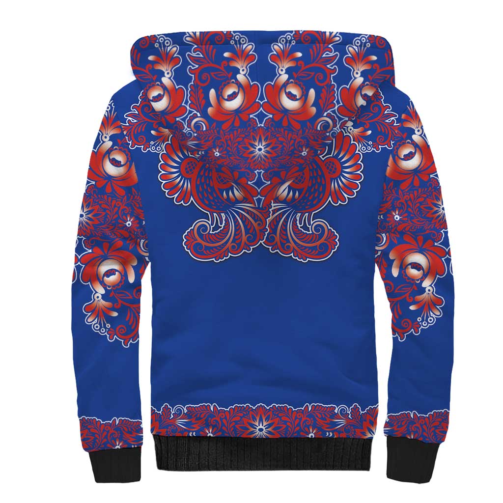 Blue Russian National Costume Sherpa Hoodie Rooster Motifs Traditional Folk Pattern - Wonder Print Shop