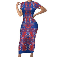 Blue Russian National Costume Short Sleeve Bodycon Dress Rooster Motifs Traditional Folk Pattern - Wonder Print Shop