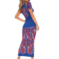 Blue Russian National Costume Short Sleeve Bodycon Dress Rooster Motifs Traditional Folk Pattern - Wonder Print Shop