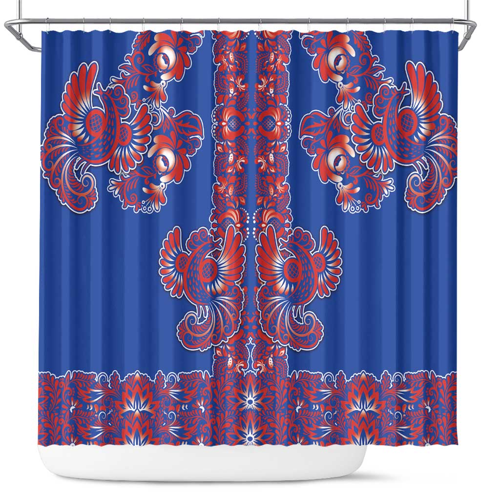 Blue Russian National Costume Shower Curtain Rooster Motifs Traditional Folk Pattern - Wonder Print Shop