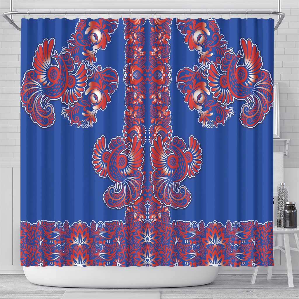 Blue Russian National Costume Shower Curtain Rooster Motifs Traditional Folk Pattern - Wonder Print Shop