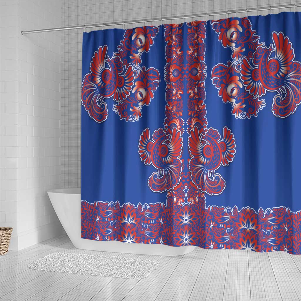 Blue Russian National Costume Shower Curtain Rooster Motifs Traditional Folk Pattern - Wonder Print Shop