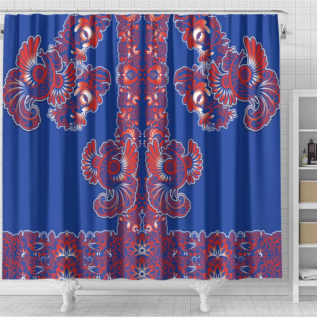 Blue Russian National Costume Shower Curtain Rooster Motifs Traditional Folk Pattern - Wonder Print Shop