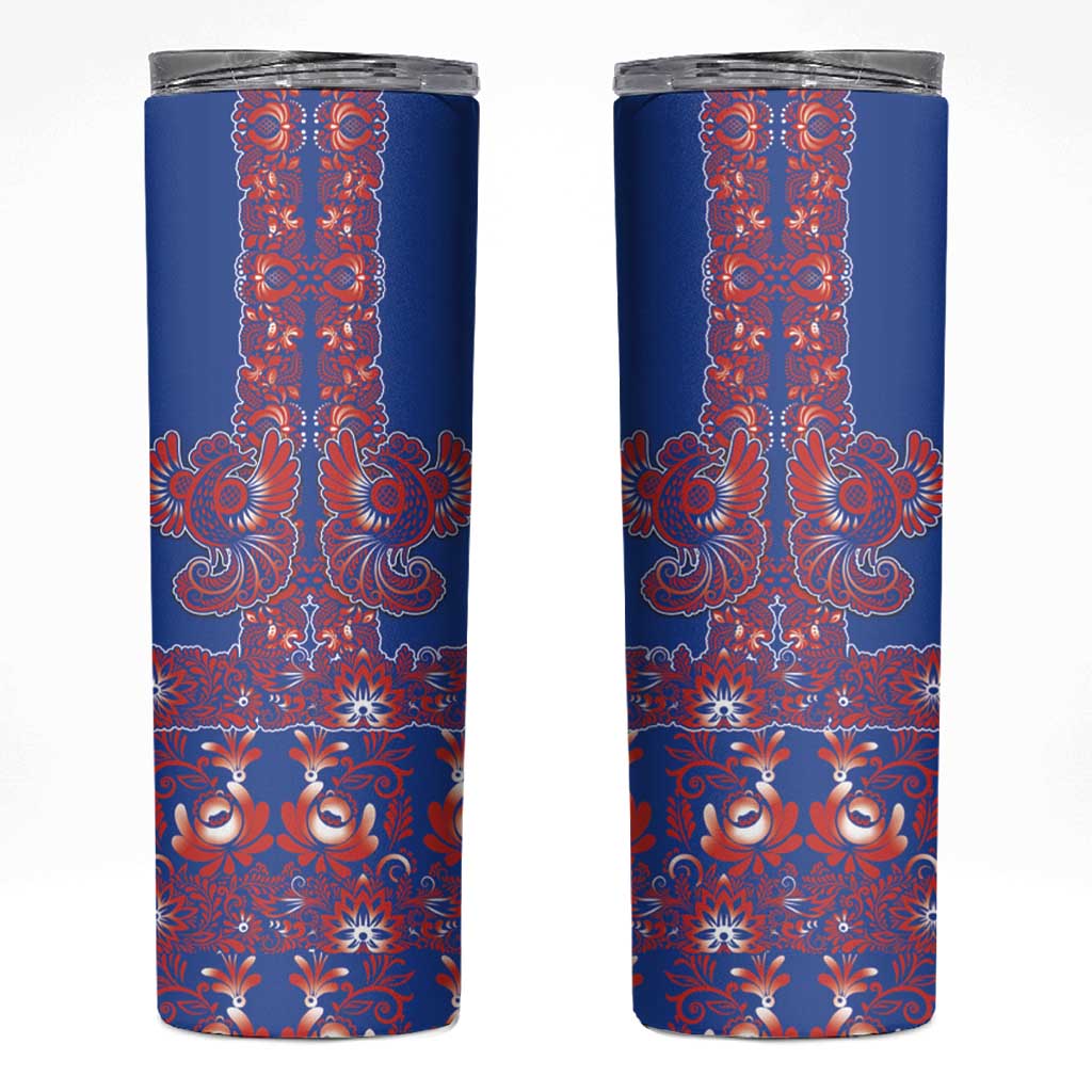 Blue Russian National Costume Skinny Tumbler Rooster Motifs Traditional Folk Pattern - Wonder Print Shop