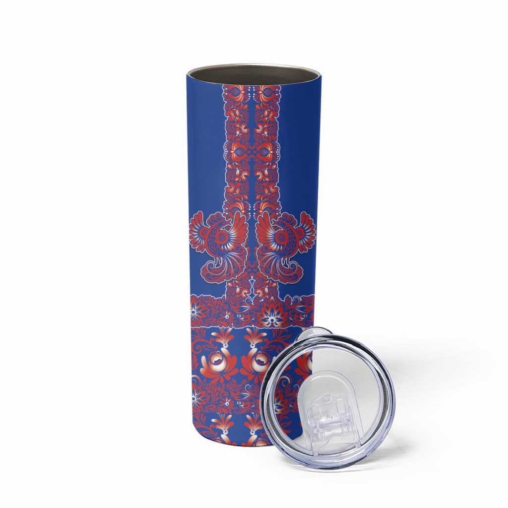 Blue Russian National Costume Skinny Tumbler Rooster Motifs Traditional Folk Pattern - Wonder Print Shop