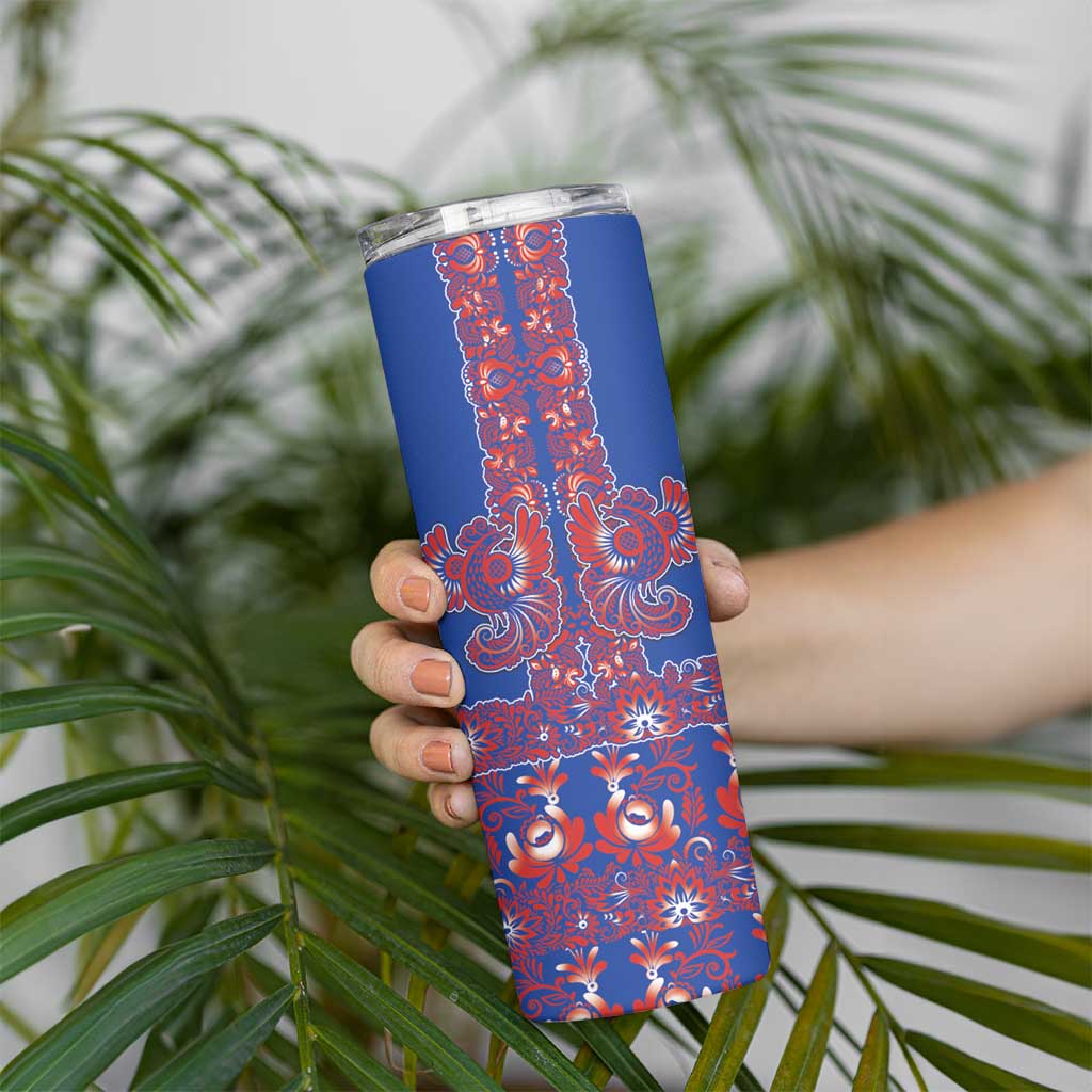 Blue Russian National Costume Skinny Tumbler Rooster Motifs Traditional Folk Pattern - Wonder Print Shop
