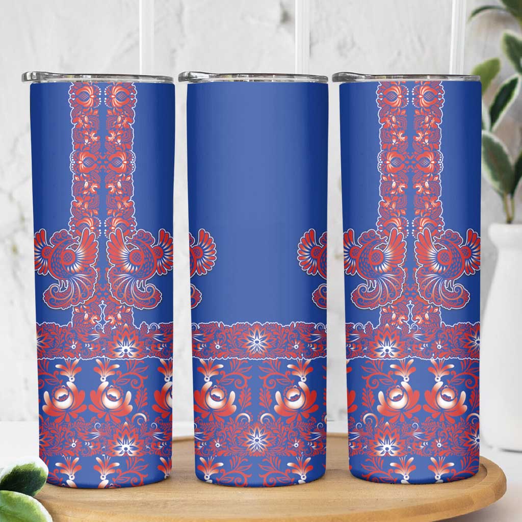 Blue Russian National Costume Skinny Tumbler Rooster Motifs Traditional Folk Pattern - Wonder Print Shop