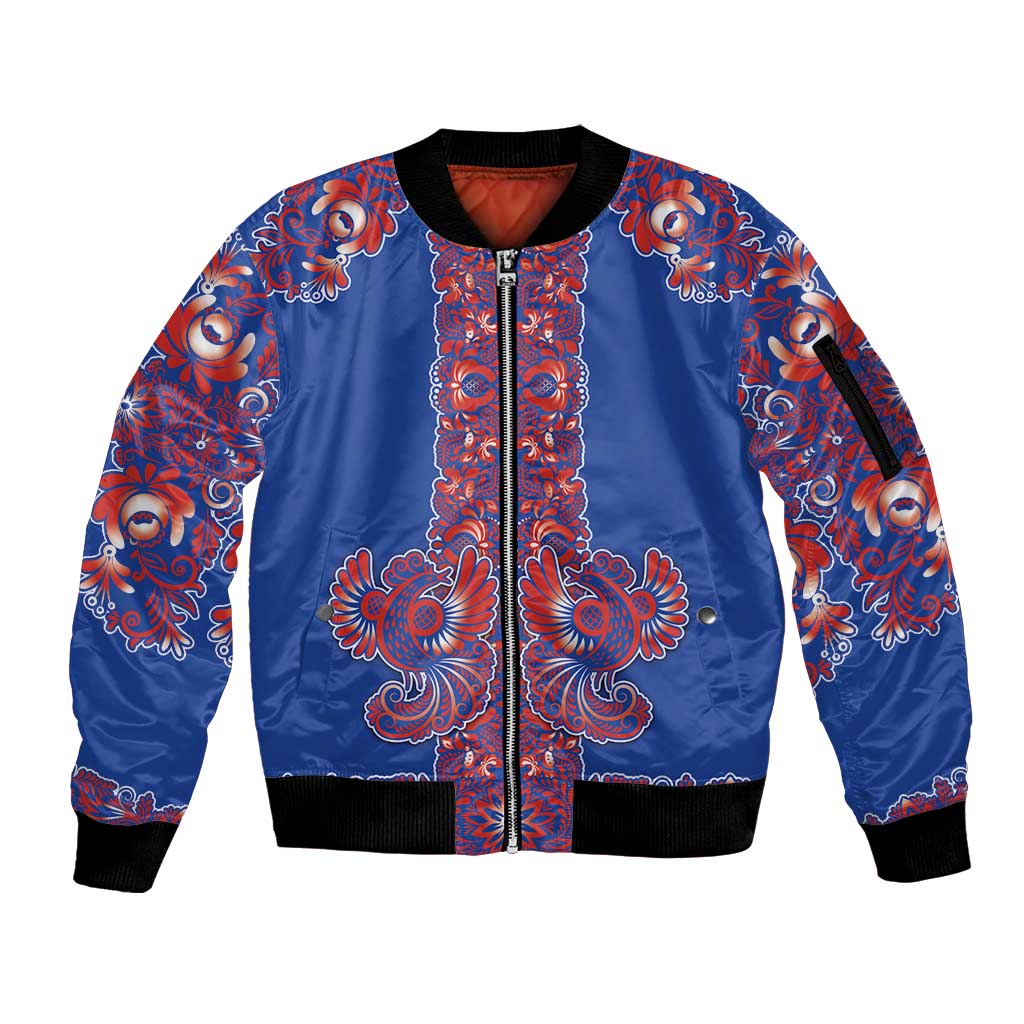 Blue Russian National Costume Sleeve Zip Bomber Jacket Rooster Motifs Traditional Folk Pattern - Wonder Print Shop