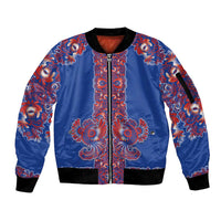 Blue Russian National Costume Sleeve Zip Bomber Jacket Rooster Motifs Traditional Folk Pattern - Wonder Print Shop