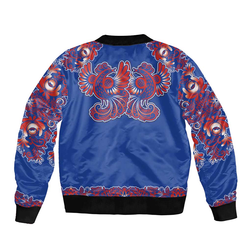 Blue Russian National Costume Sleeve Zip Bomber Jacket Rooster Motifs Traditional Folk Pattern - Wonder Print Shop