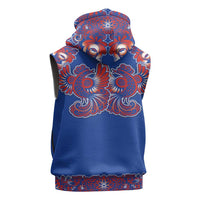 Blue Russian National Costume Sleeveless Hoodie Rooster Motifs Traditional Folk Pattern - Wonder Print Shop