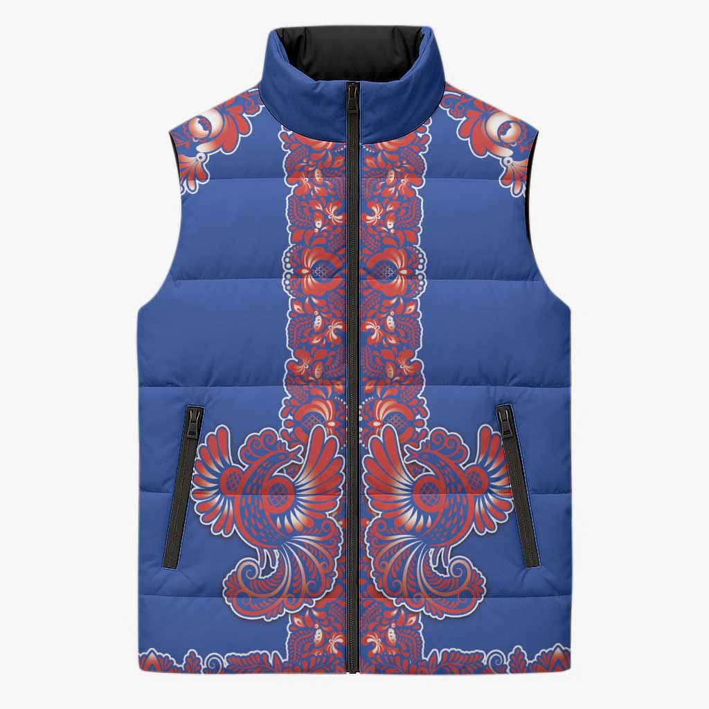 Blue Russian National Costume Sleeveless Puffer Jacket Rooster Motifs Traditional Folk Pattern - Wonder Print Shop