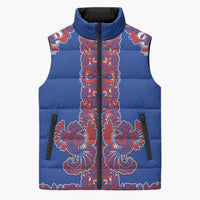 Blue Russian National Costume Sleeveless Puffer Jacket Rooster Motifs Traditional Folk Pattern - Wonder Print Shop