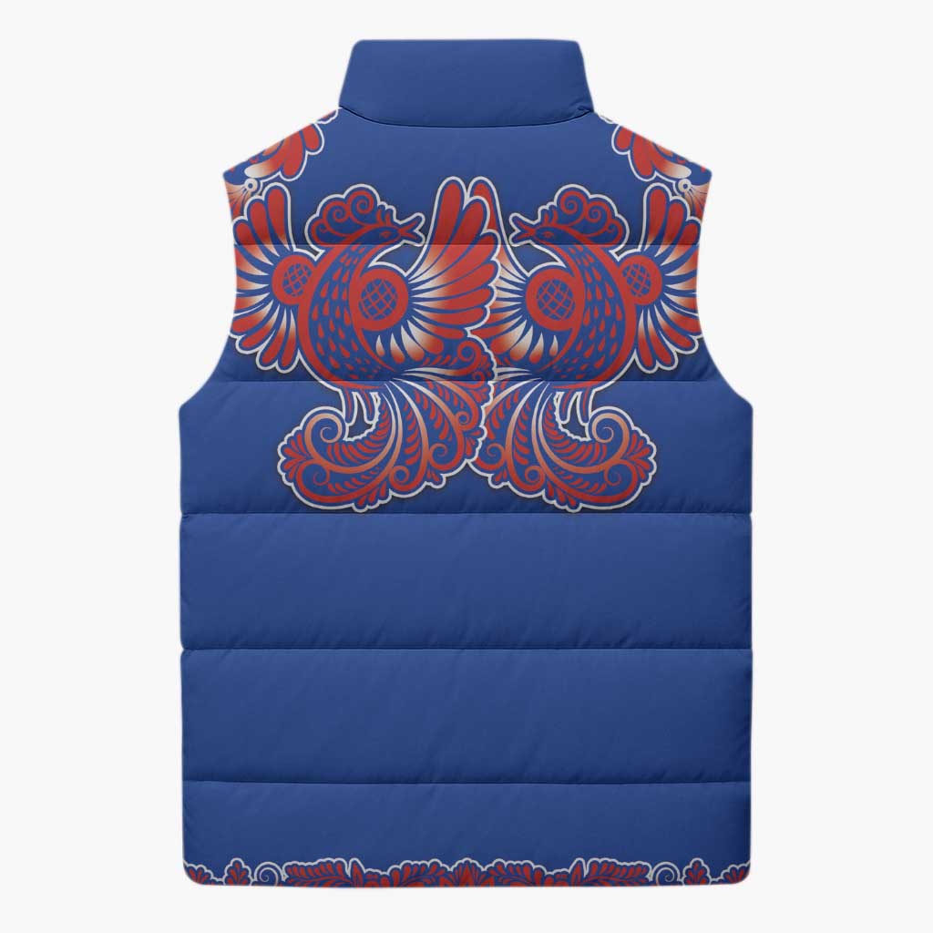Blue Russian National Costume Sleeveless Puffer Jacket Rooster Motifs Traditional Folk Pattern - Wonder Print Shop