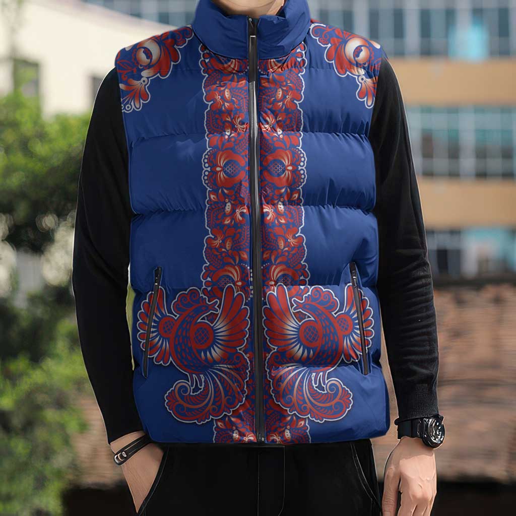 Blue Russian National Costume Sleeveless Puffer Jacket Rooster Motifs Traditional Folk Pattern - Wonder Print Shop