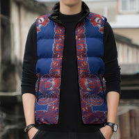 Blue Russian National Costume Sleeveless Puffer Jacket Rooster Motifs Traditional Folk Pattern - Wonder Print Shop