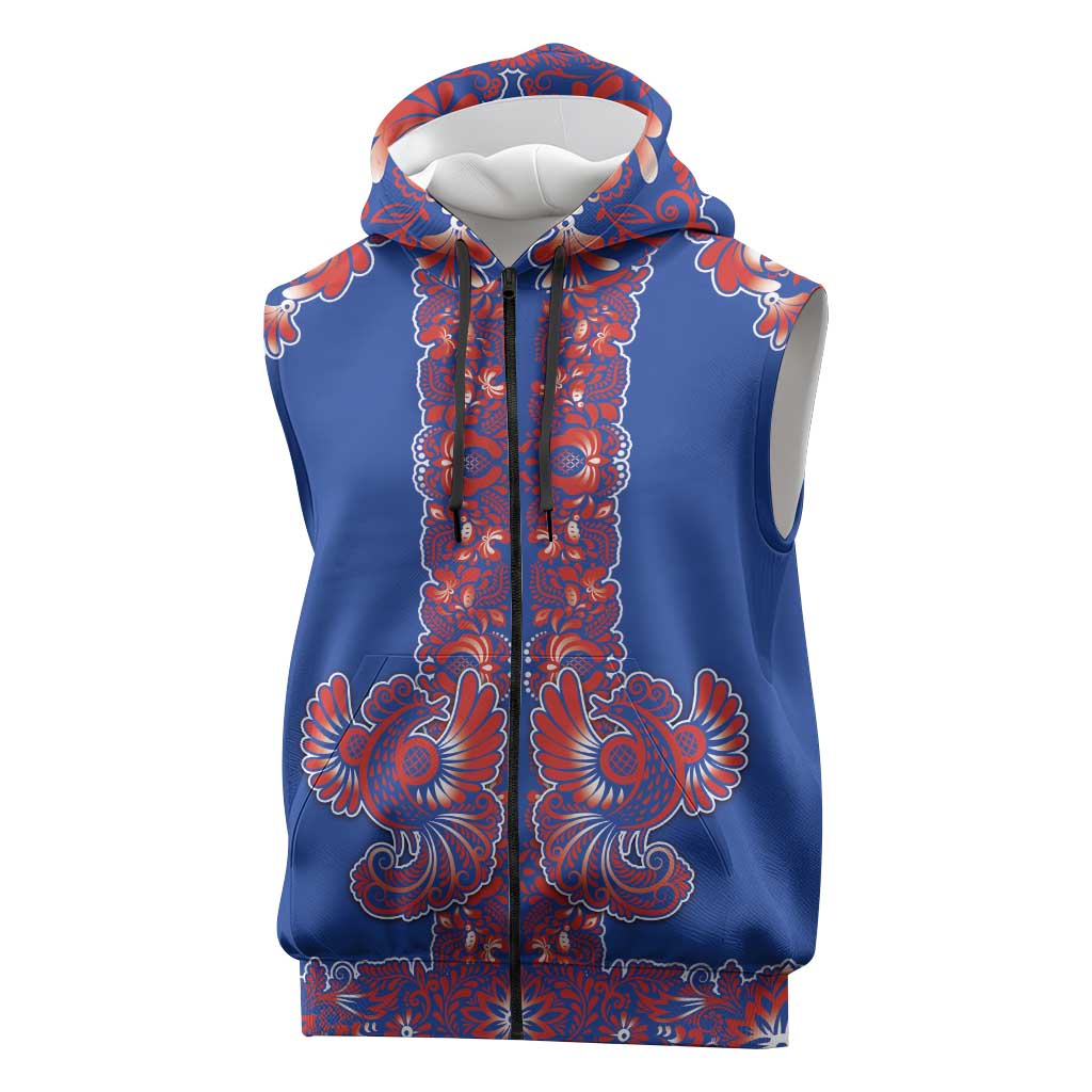 Blue Russian National Costume Sleeveless Zip Hoodie Rooster Motifs Traditional Folk Pattern - Wonder Print Shop