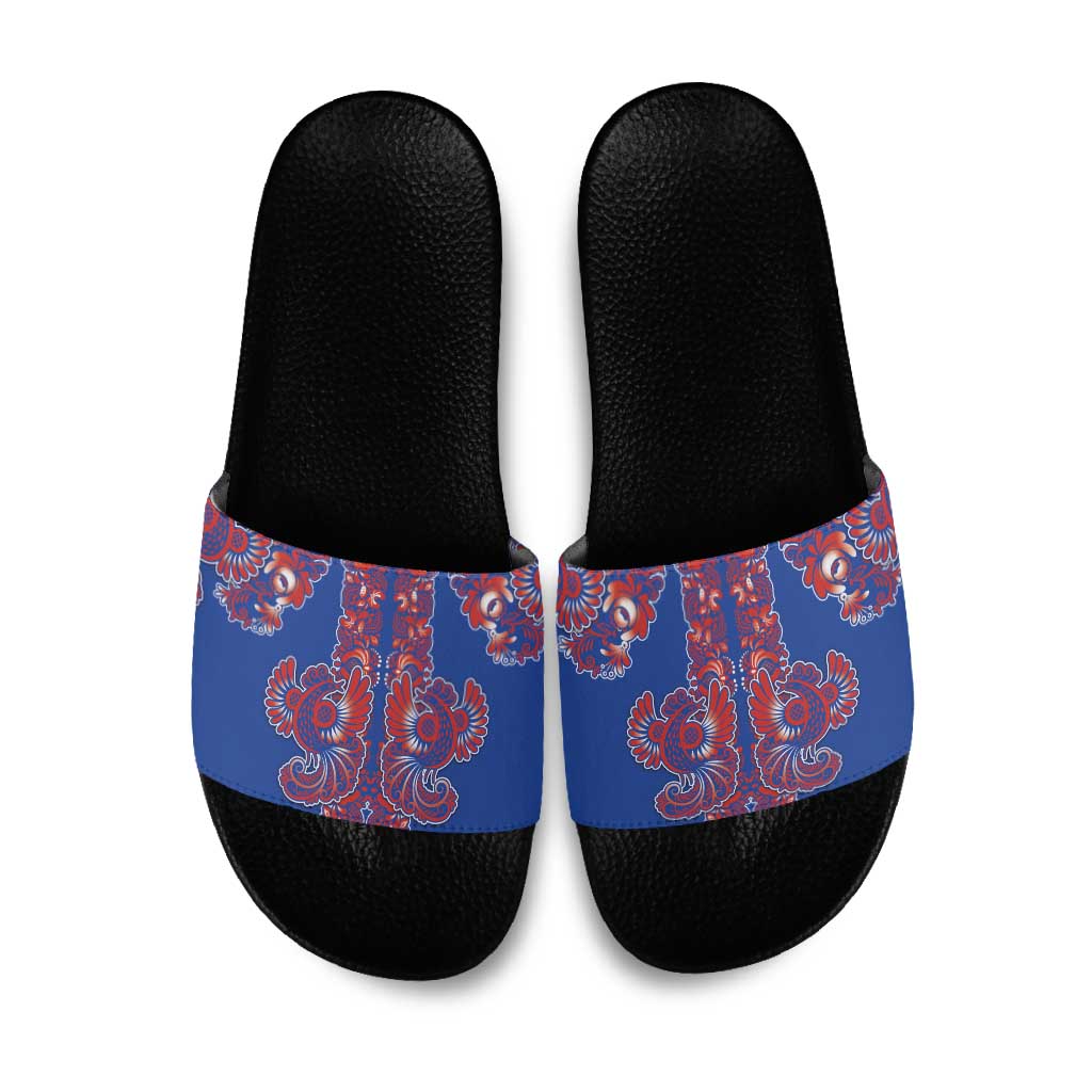 Blue Russian National Costume Slide Sandals Rooster Motifs Traditional Folk Pattern - Wonder Print Shop