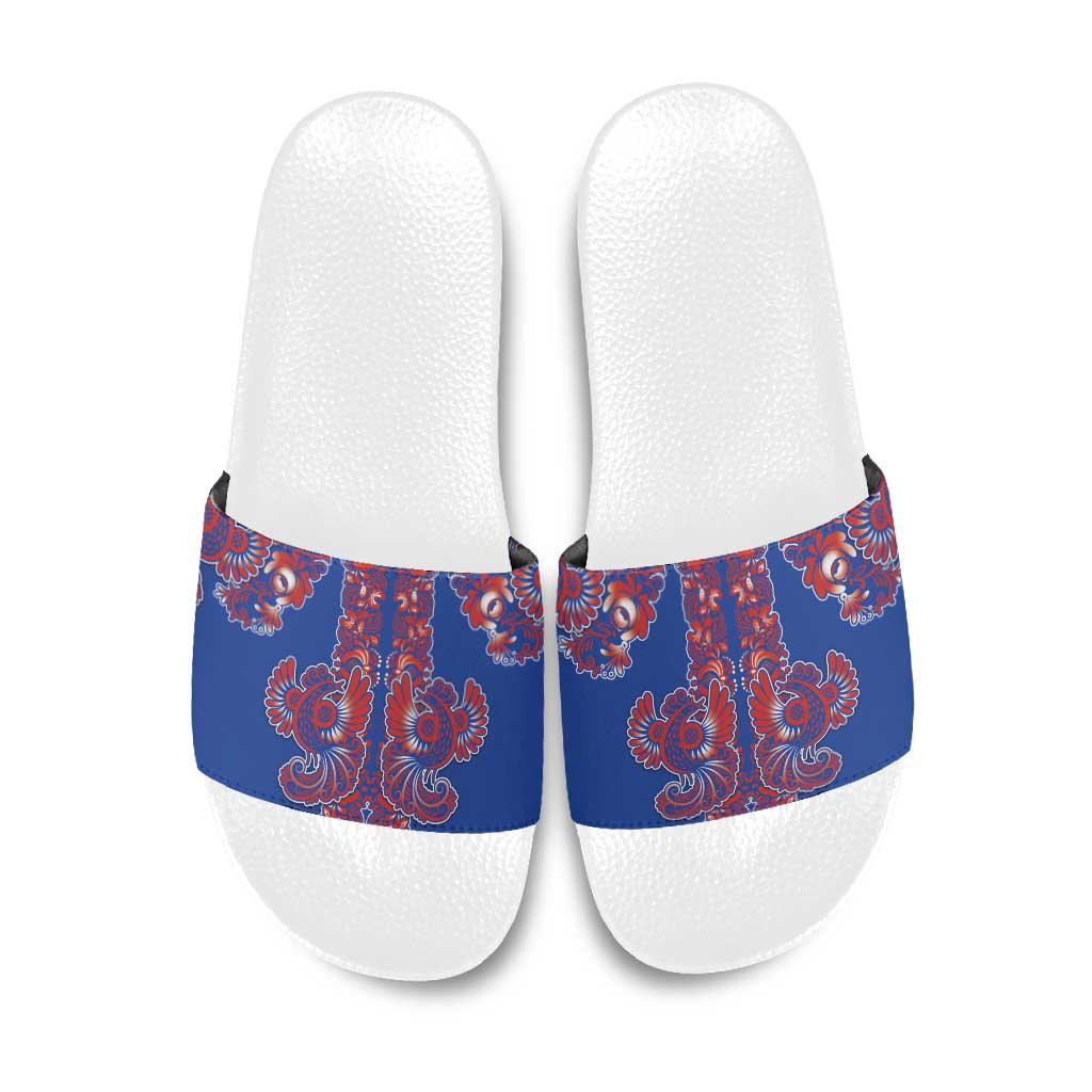 Blue Russian National Costume Slide Sandals Rooster Motifs Traditional Folk Pattern - Wonder Print Shop