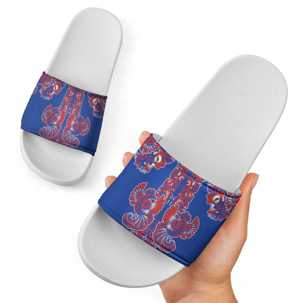 Blue Russian National Costume Slide Sandals Rooster Motifs Traditional Folk Pattern - Wonder Print Shop