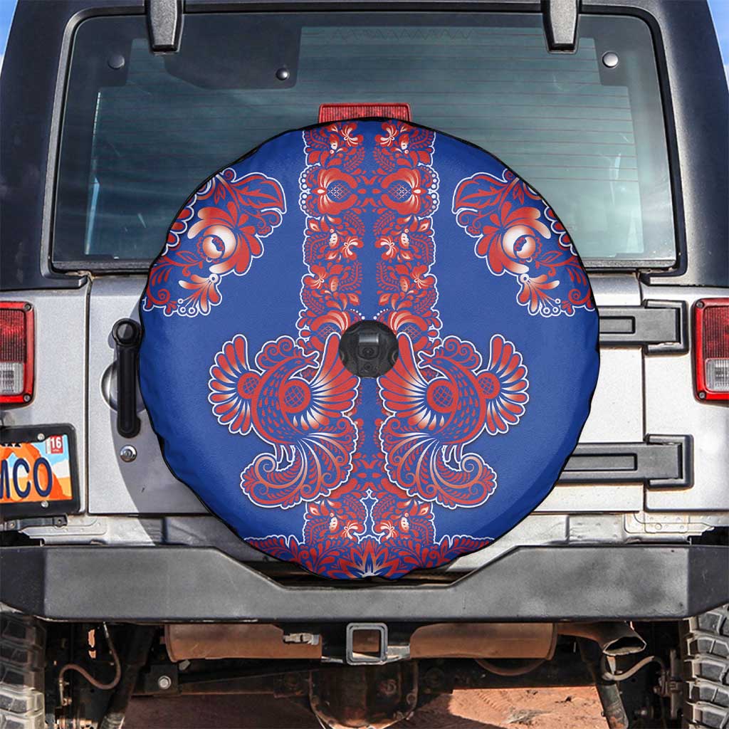 Blue Russian National Costume Spare Tire Cover Rooster Motifs Traditional Folk Pattern - Wonder Print Shop