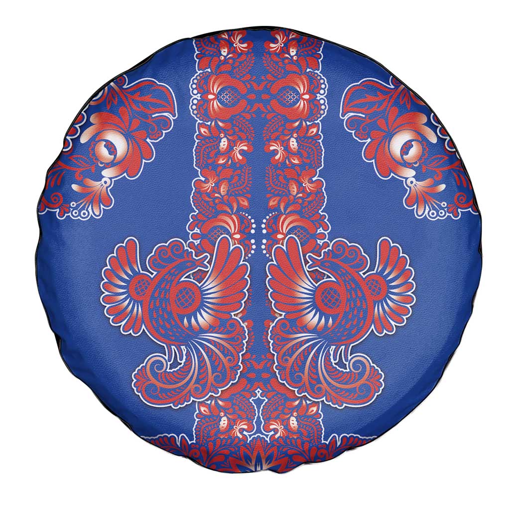Blue Russian National Costume Spare Tire Cover Rooster Motifs Traditional Folk Pattern - Wonder Print Shop