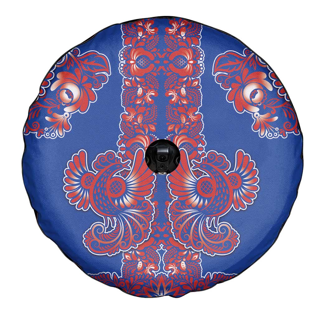Blue Russian National Costume Spare Tire Cover Rooster Motifs Traditional Folk Pattern - Wonder Print Shop