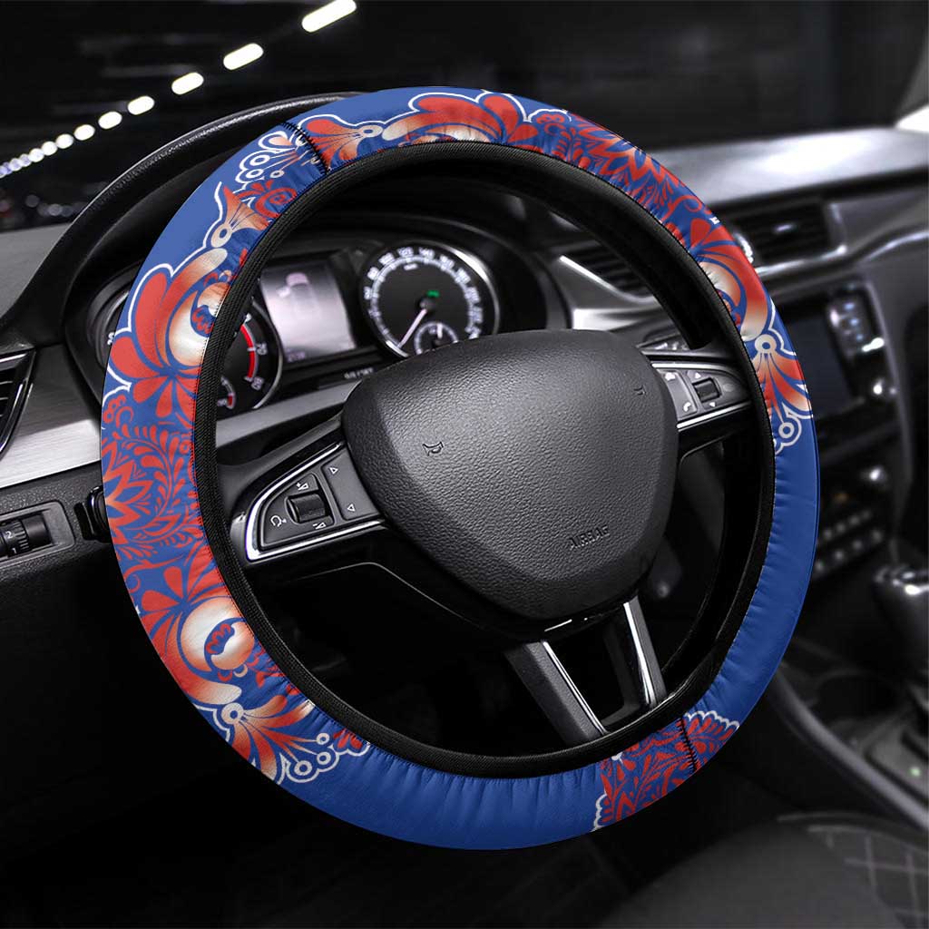 Blue Russian National Costume Steering Wheel Cover Rooster Motifs Traditional Folk Pattern - Wonder Print Shop